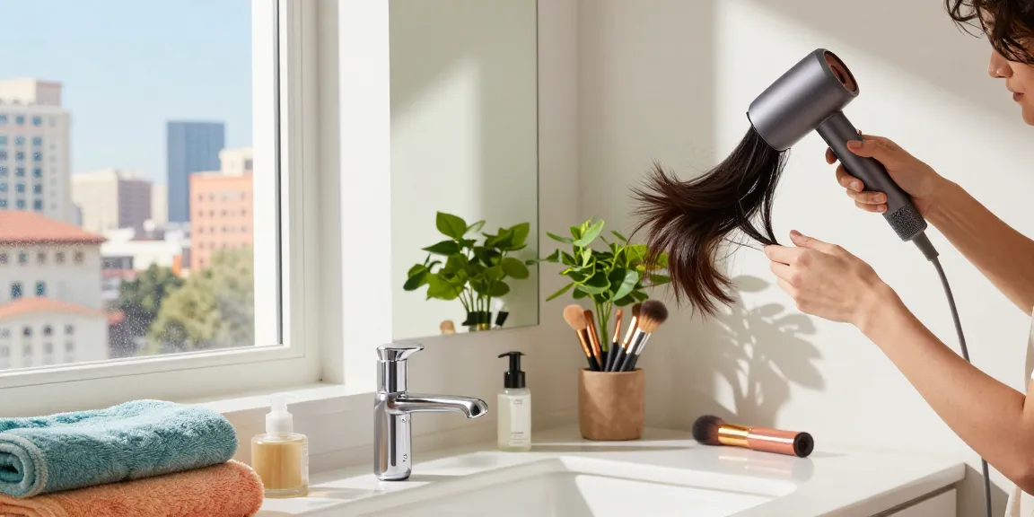 Compact hair dryer in use by a fashionable person in a bright bathroom setting, showcasing modern grooming habits.