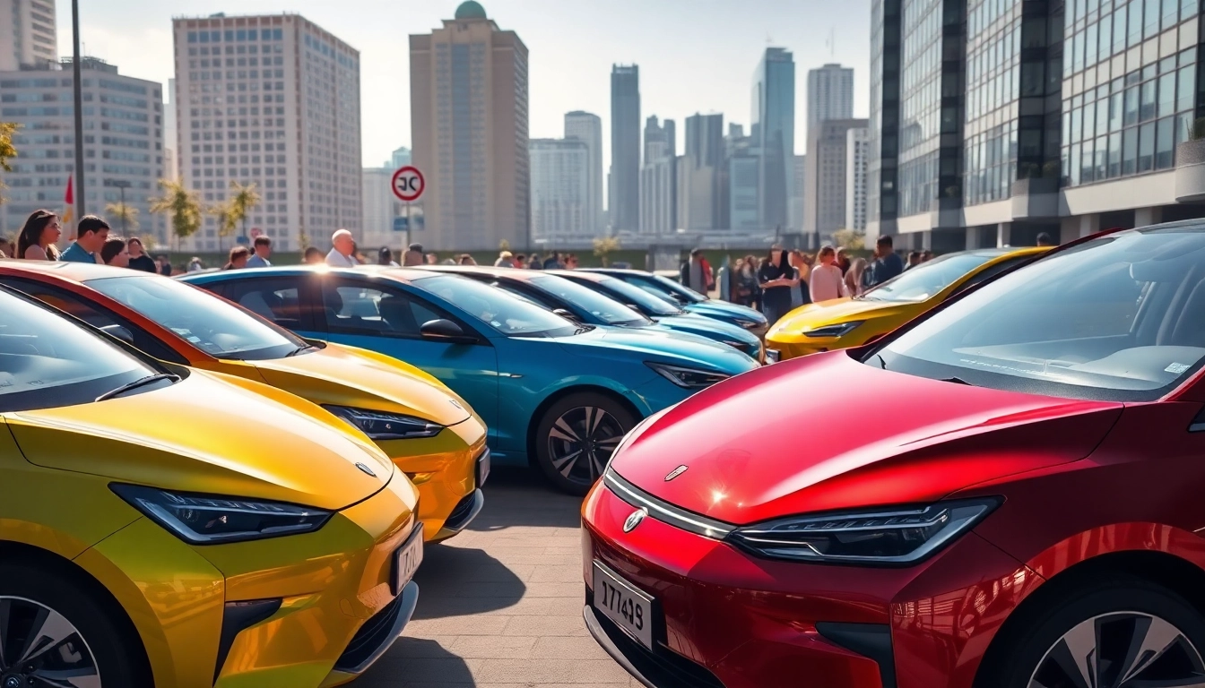 Die neuesten Elektroautos in einer modernen Stadt, deren ansprechendste Designs im Sonnenlicht erstrahlen.
