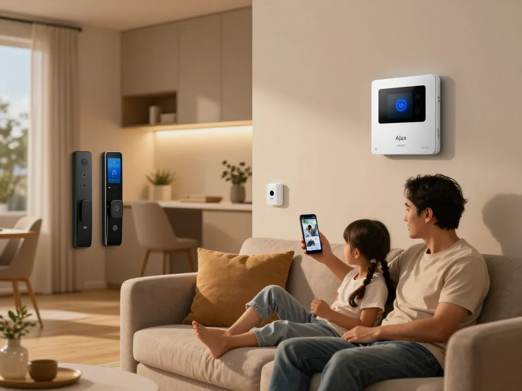 Familie, die ein sicheres Zuhause mit sichtbarer Ajax Alarmanlage-Technologie genießt und die Sicherheit überwacht.
