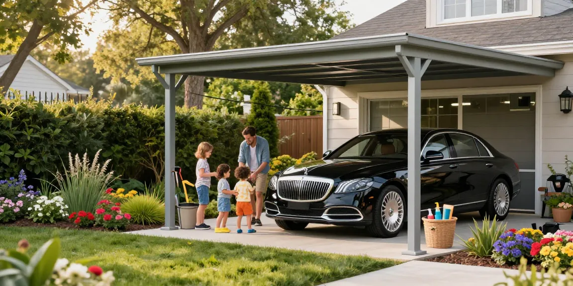Moderner Carport in einem schönen Garten mit Familie, die Zeit im Freien verbringt.