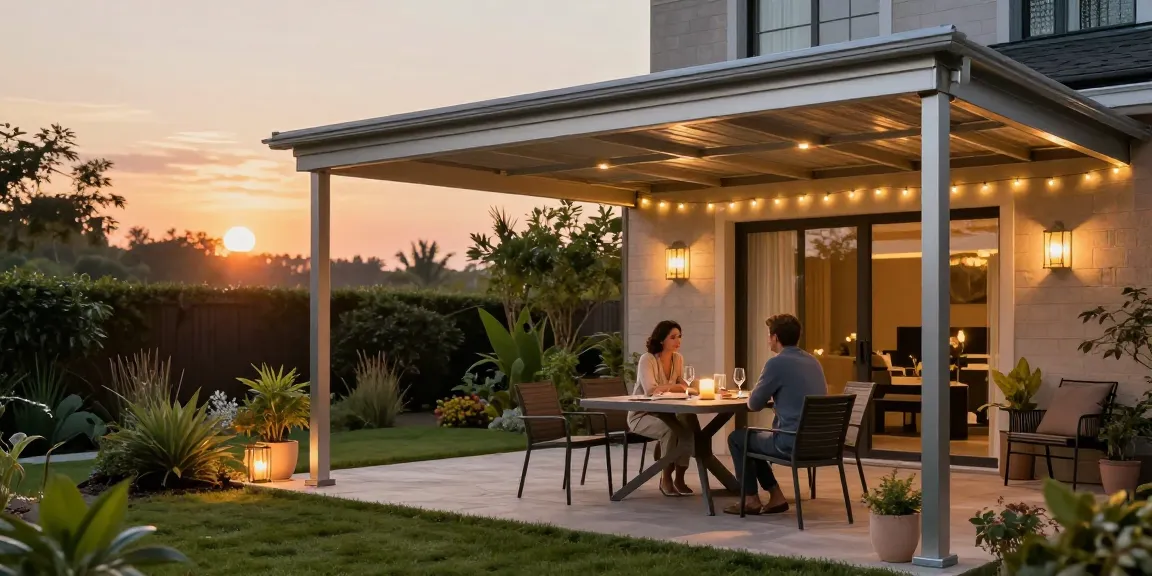 Terrassenüberdachungen schaffen gemütliche Outdoor-Ambiente mit modernen Designs und warmem Licht.