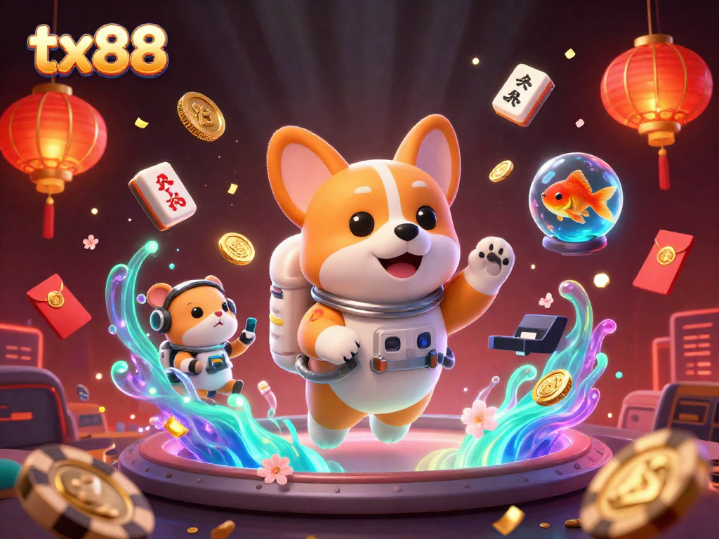tx88 casino scene with a floating astronaut corgi and vibrant gambling elements