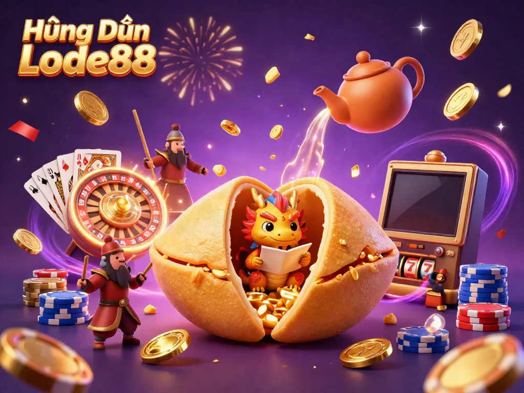 Engage with our Hướng Dẫn Lode88 showcasing a golden fortune cookie, wise dragon, and dazzling casino elements.
