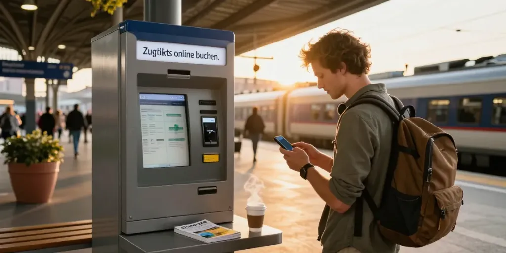 Zugtickets online buchen am modernen Bahnhof mit Reisenden in warmem Licht