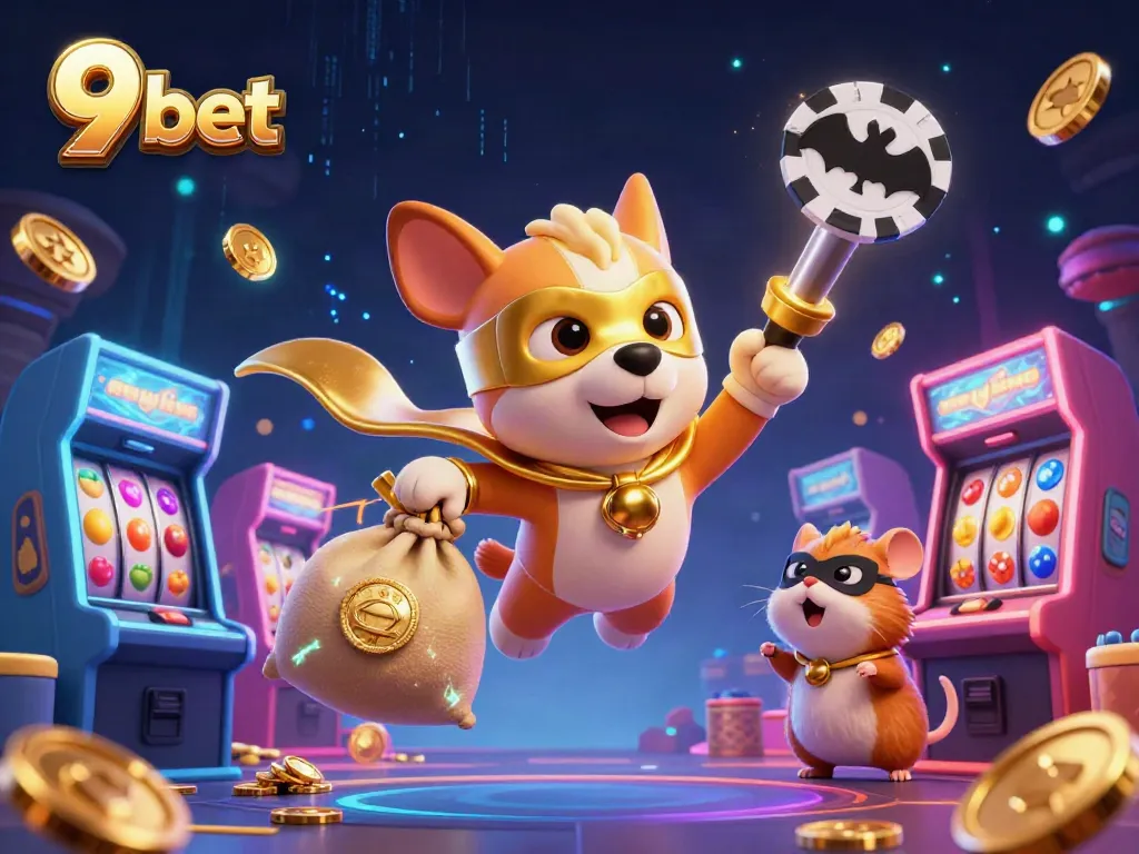 Experience the thrill of 9 bet with a superhero dog and a hamster amid vibrant casino elements.