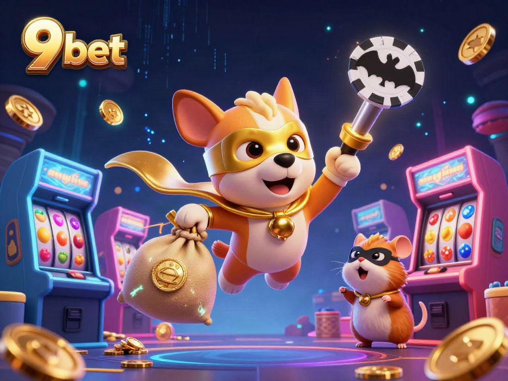Experience the thrill of 9 bet with a superhero dog and a hamster amid vibrant casino elements.
