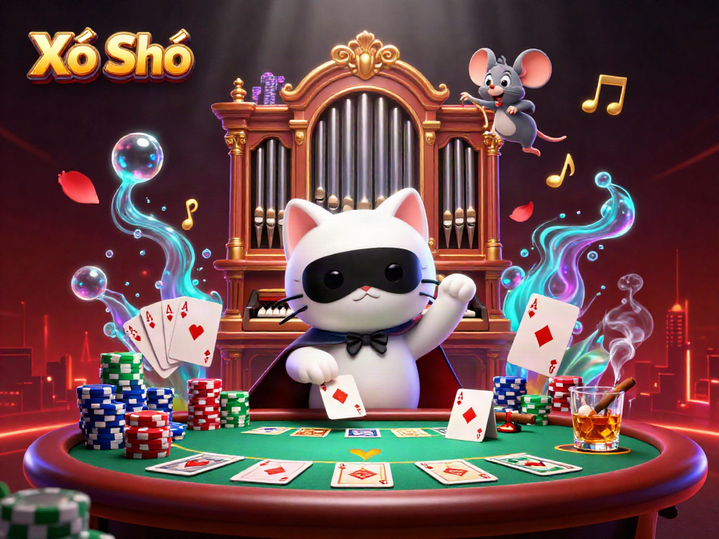 Xổ Số scene featuring a lively phantom cat at a casino organ surrounded by poker elements.
