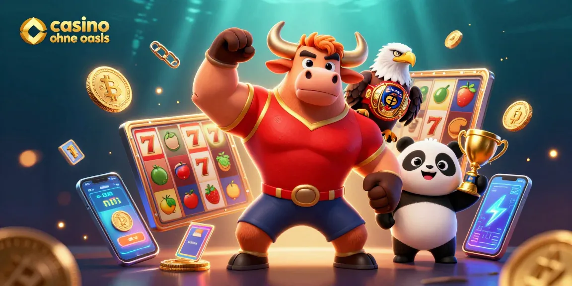 Experience the thrill of casino ohne oasis with a winning bull, eagle, and panda triumphantly celebrating.