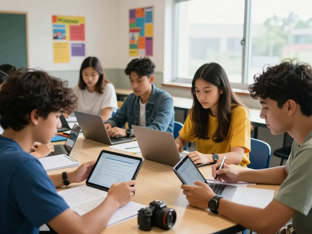 Gruppe von Studierenden, die gemeinsam Hausaufgaben KI-Werkzeuge in einem hellen Klassenzimmer verwenden, um Hausaufgaben zu lösen.