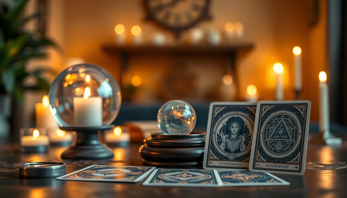 Lenormand orakel online: Tarot session with Lenormand cards, crystal ball, and candles.