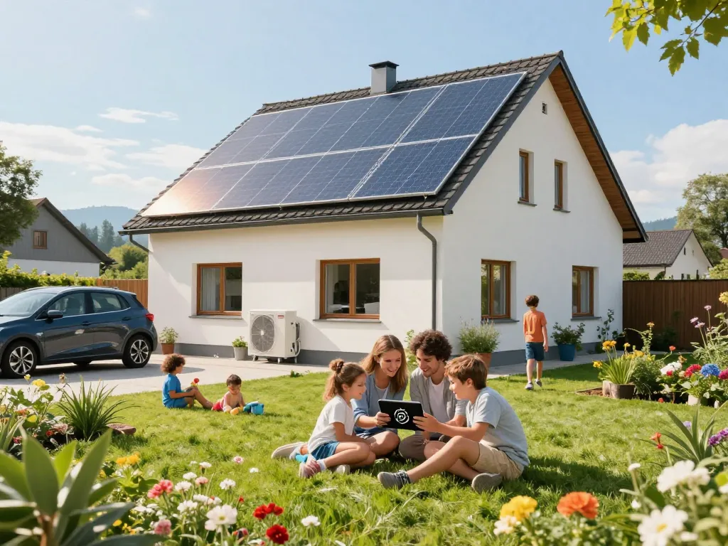 Photovoltaik Bayern - Modernes Zuhause mit Solarpanelen, Familie genießt Energieeinsparungen im Freien.