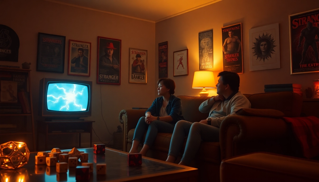 Emotional scene showcasing a couple reflecting on the Stranger Things Finale while surrounded by retro 80s decor.