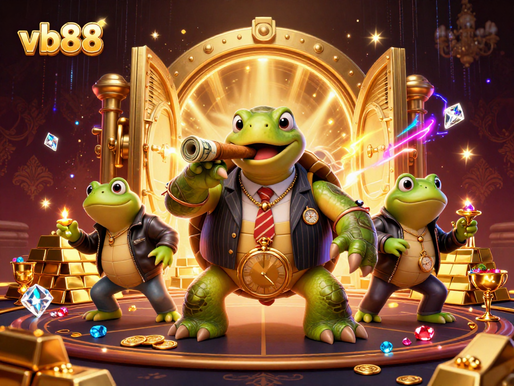 Engage with vb88 as a vibrant 3D casino scene comes alive with a snapping turtle and bullfrog enforcers.