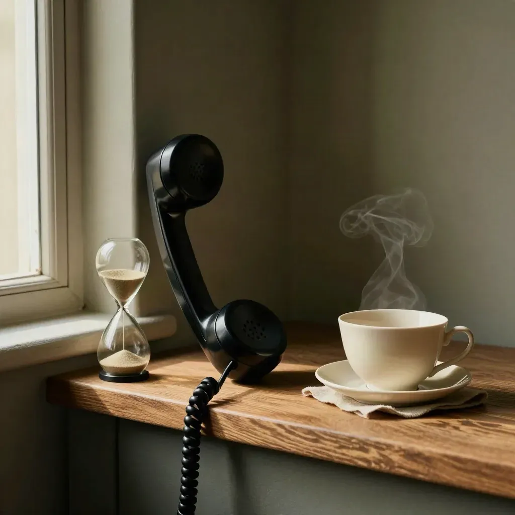 Telefonhörer, Sanduhr und Teetasse am Fenster in ruhiger Beratungsatmosphäre.