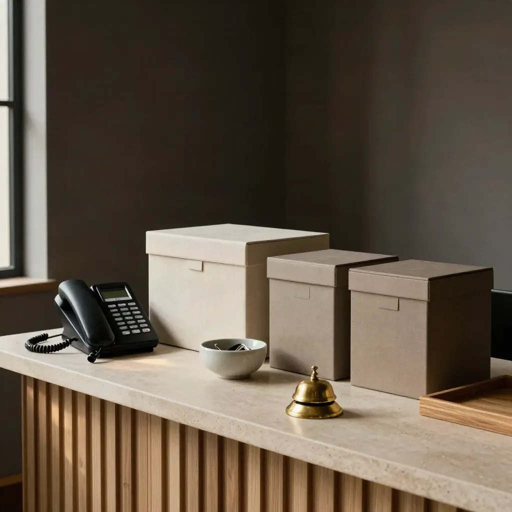 Ruhige Telefonstation in einer Praxis mit Schale, Glocke und Boxen im warmen Licht