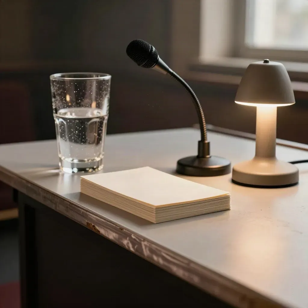 Nahe Seitenbühne mit Mikrofon, Wasserglas, Kartenstapel und leuchtender Lampe.
