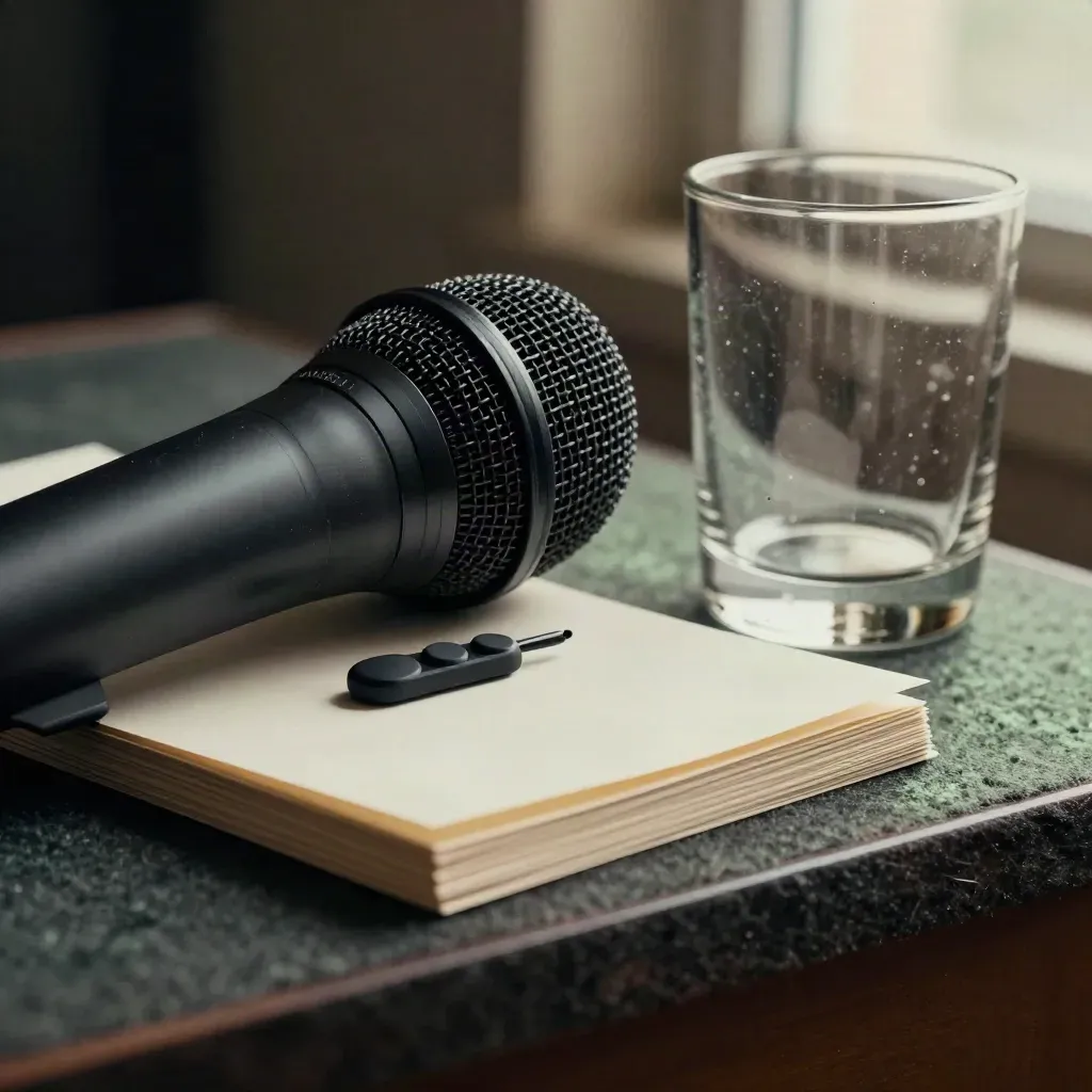 Mikrofon, Klicker, umgedrehte Cue-Karten und Wasserglas auf dunklem Filz