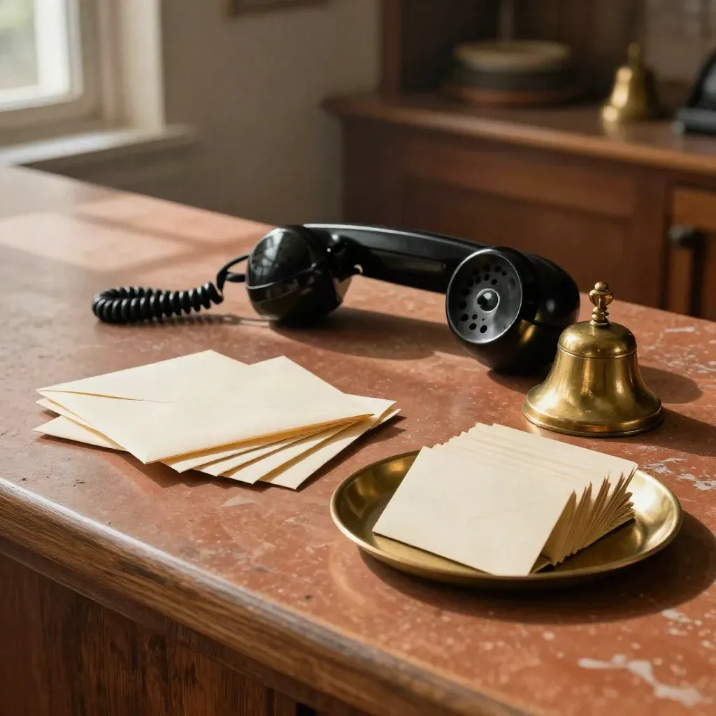 Telefonhörer, Messingklingel und umgedrehte Kontaktkarten auf warmer Terrakotta-Theke.