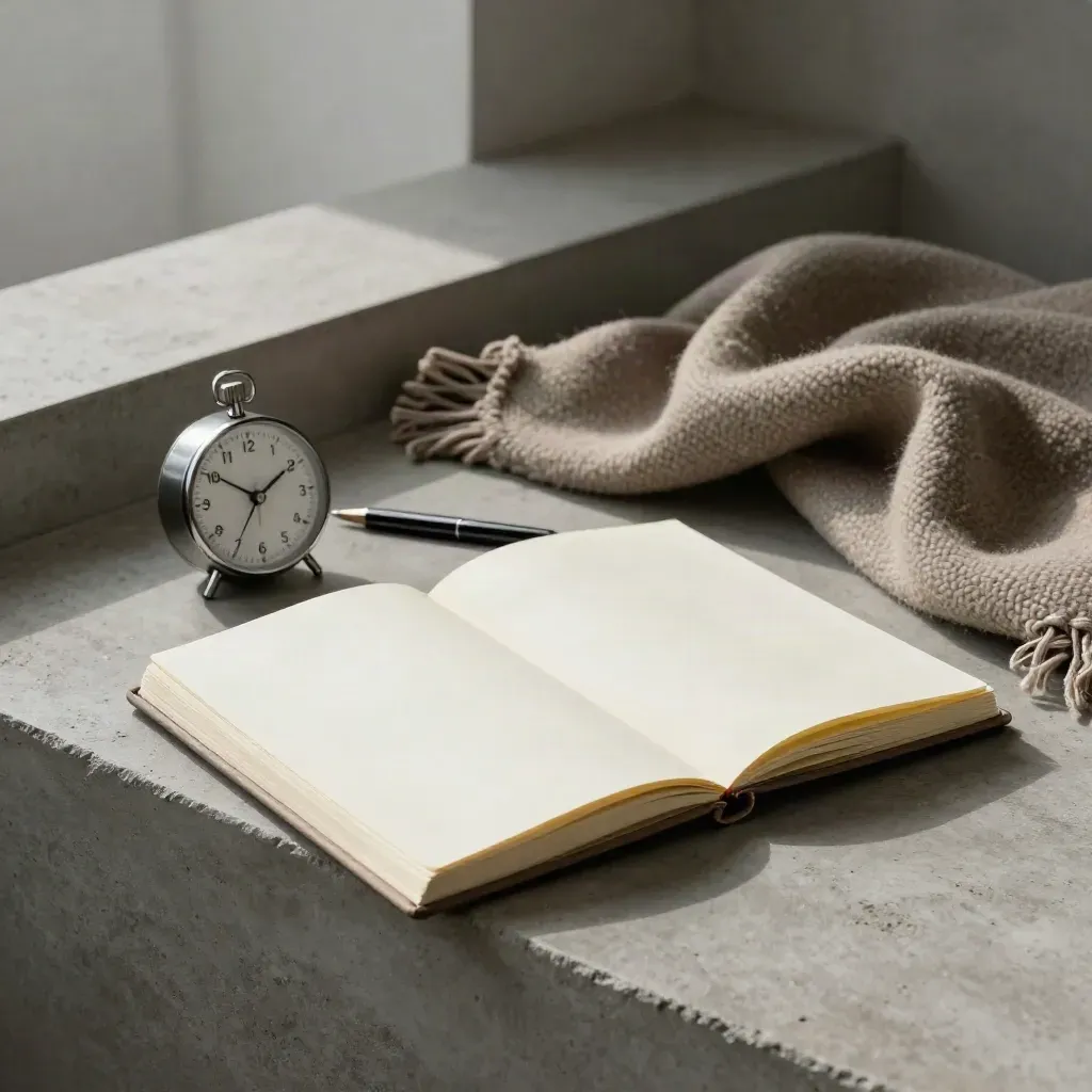 Offenes Notizbuch, Stift, Timer und gefaltete Decke auf Beton im Morgenlicht.