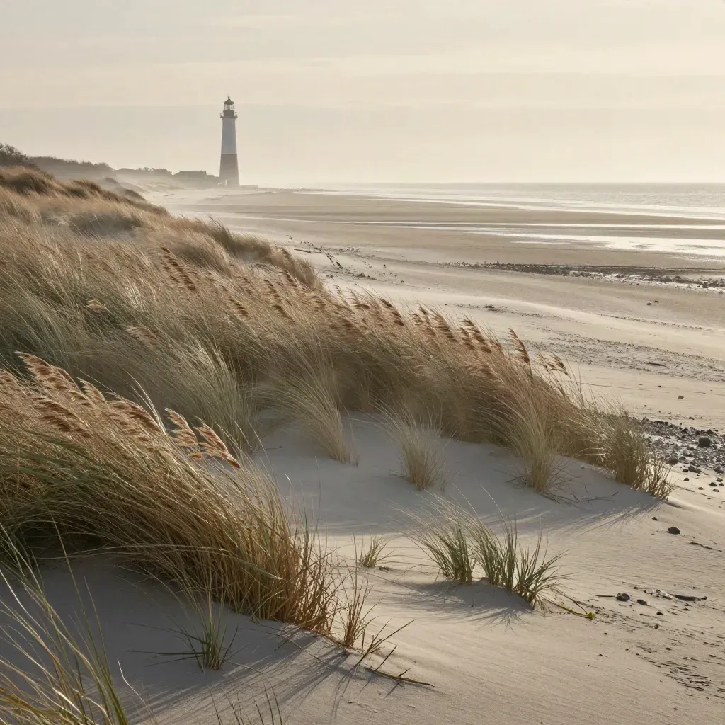 Nebeliger Nordsee-Deich mit Leuchtturm, Schilf und ruhiger Tide in Schleswig-Holstein