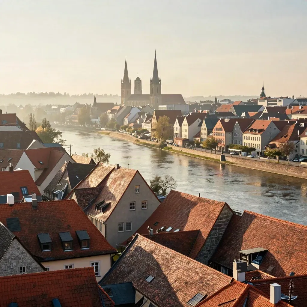 Weite deutsche Skyline mit Flussbiegung, Ziegeldächern und Türmen im warmen Dunst.