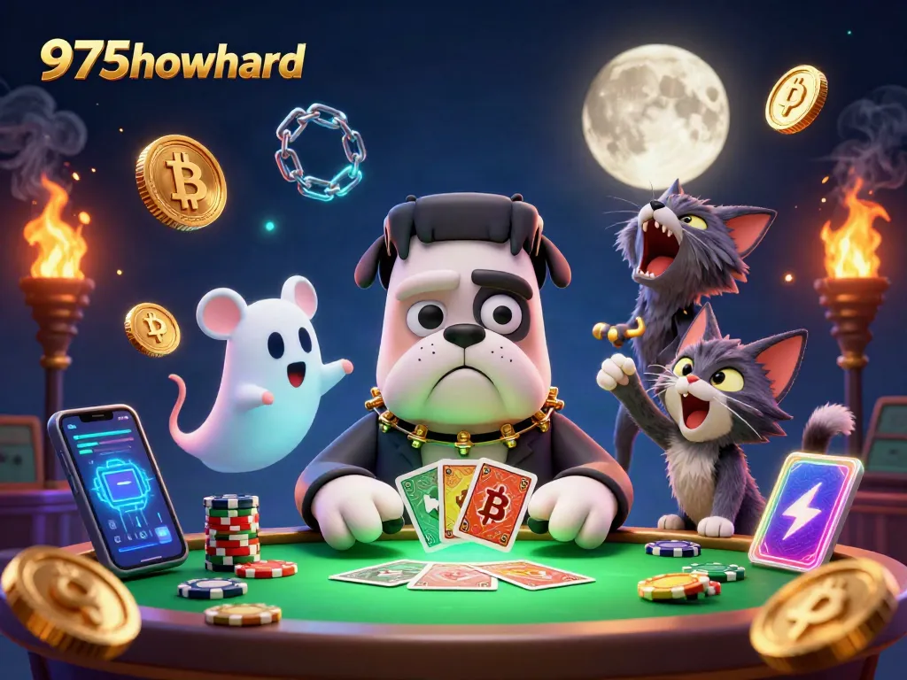 Experience thrilling card games at 975howard with a cartoon bulldog dealer and mystical elements.