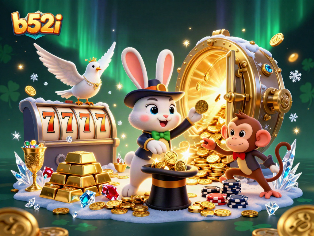 Engage with b52i magic as a rabbit conjures golden coins amidst a vibrant casino scene.