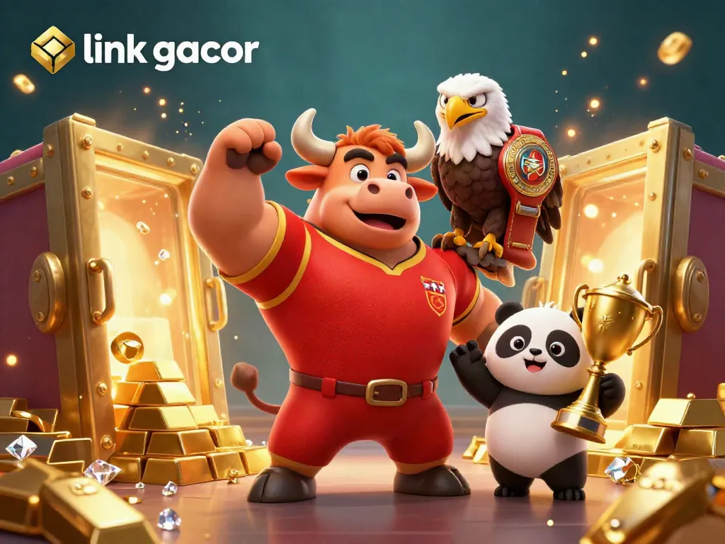 Experience excitement with link gacor featuring a victorious bull, an eagle champion, and a trophy panda in a rich casino setting.