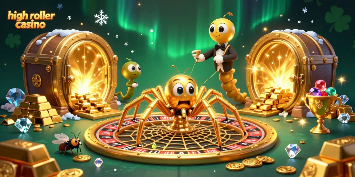 Experience the thrill of a high roller casino with a mesmerizing illustration of a golden spider and casino elements.