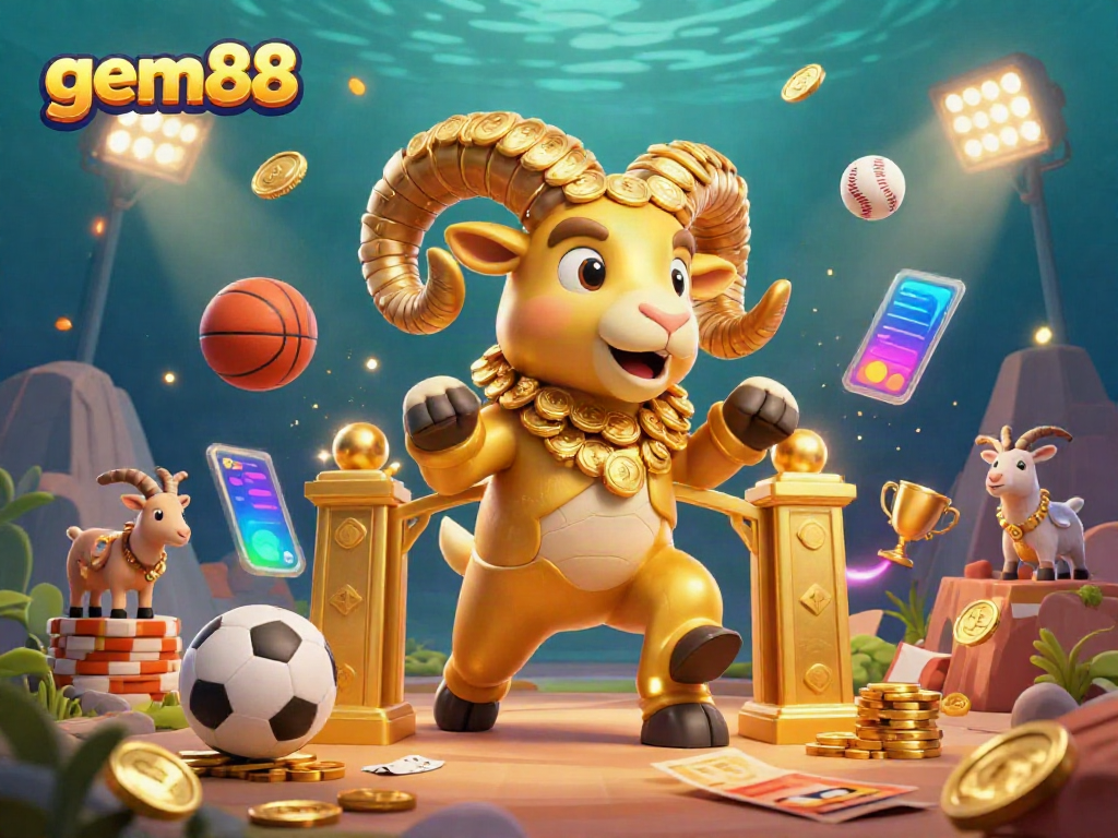 Experience the thrill of gem88 gambling with dynamic sports elements in this vibrant 3D illustration.
