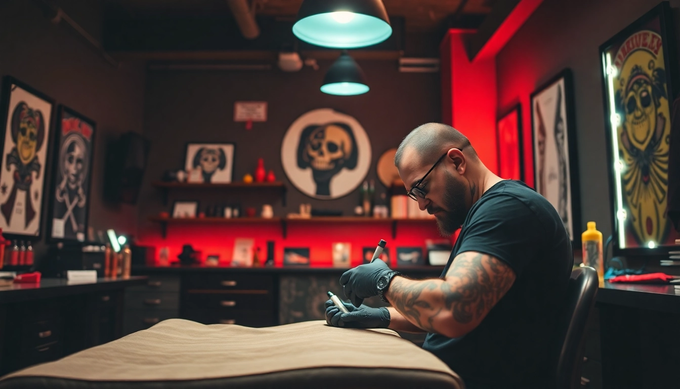 Professioneller Tätowierer in einem modernen Tattoo Studio München bei der Arbeit an einem einzigartigen Design.