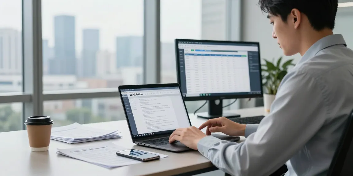 使用WPS Office进行文档编辑的商务人士，现代办公室环境中充满高效与专业氛围