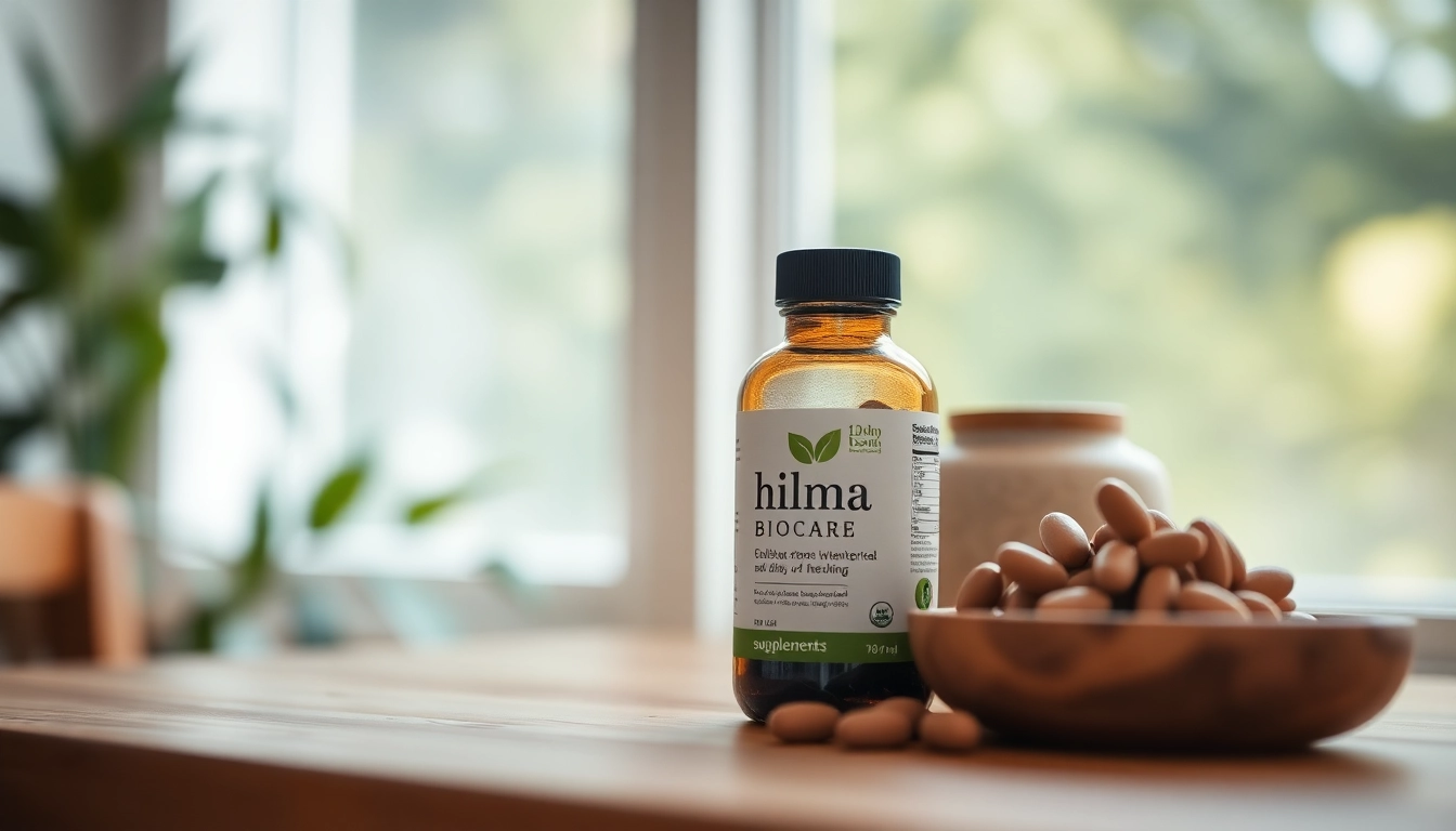 Hilma biocare supplements on a rustic wooden table with green background.