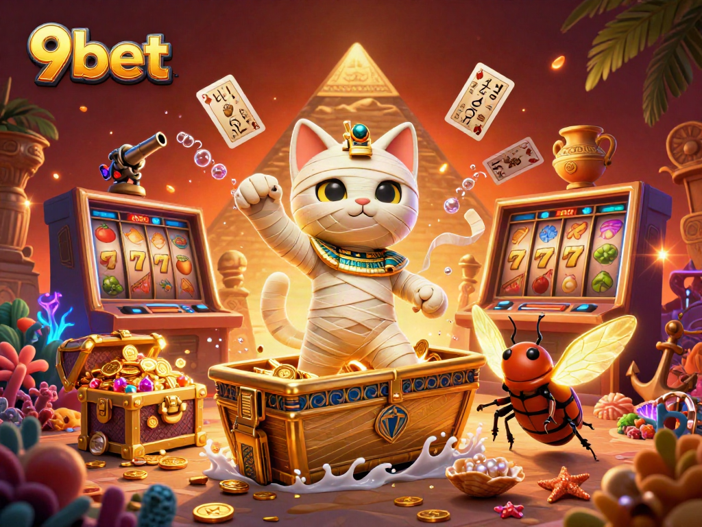 9bet presents a vibrant casino scene with an Egyptian mummy cat, slot machine elements, and glowing treasures.