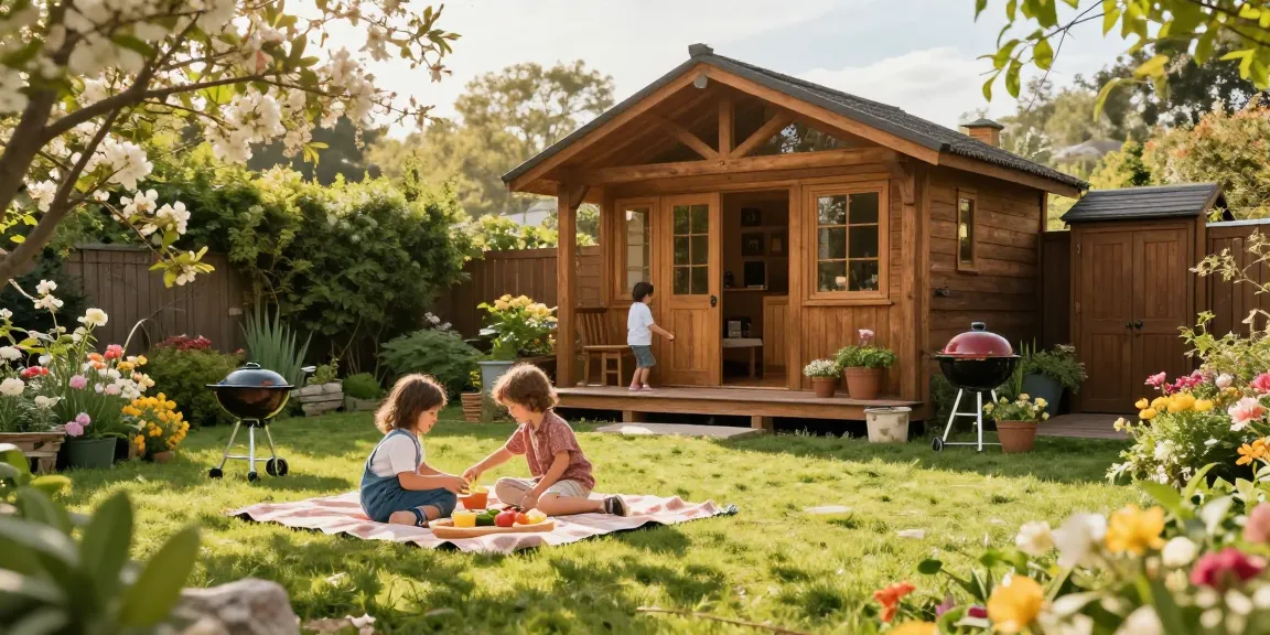 Gartenhaus kaufen: Charmantes Holzgartenhaus umgeben von blühenden Pflanzen und einer fröhlichen Familie im Garten.