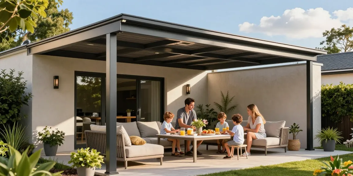 Familie genießt eine Zusammenkunft unter einer modernen Terrassenüberdachung im Garten.