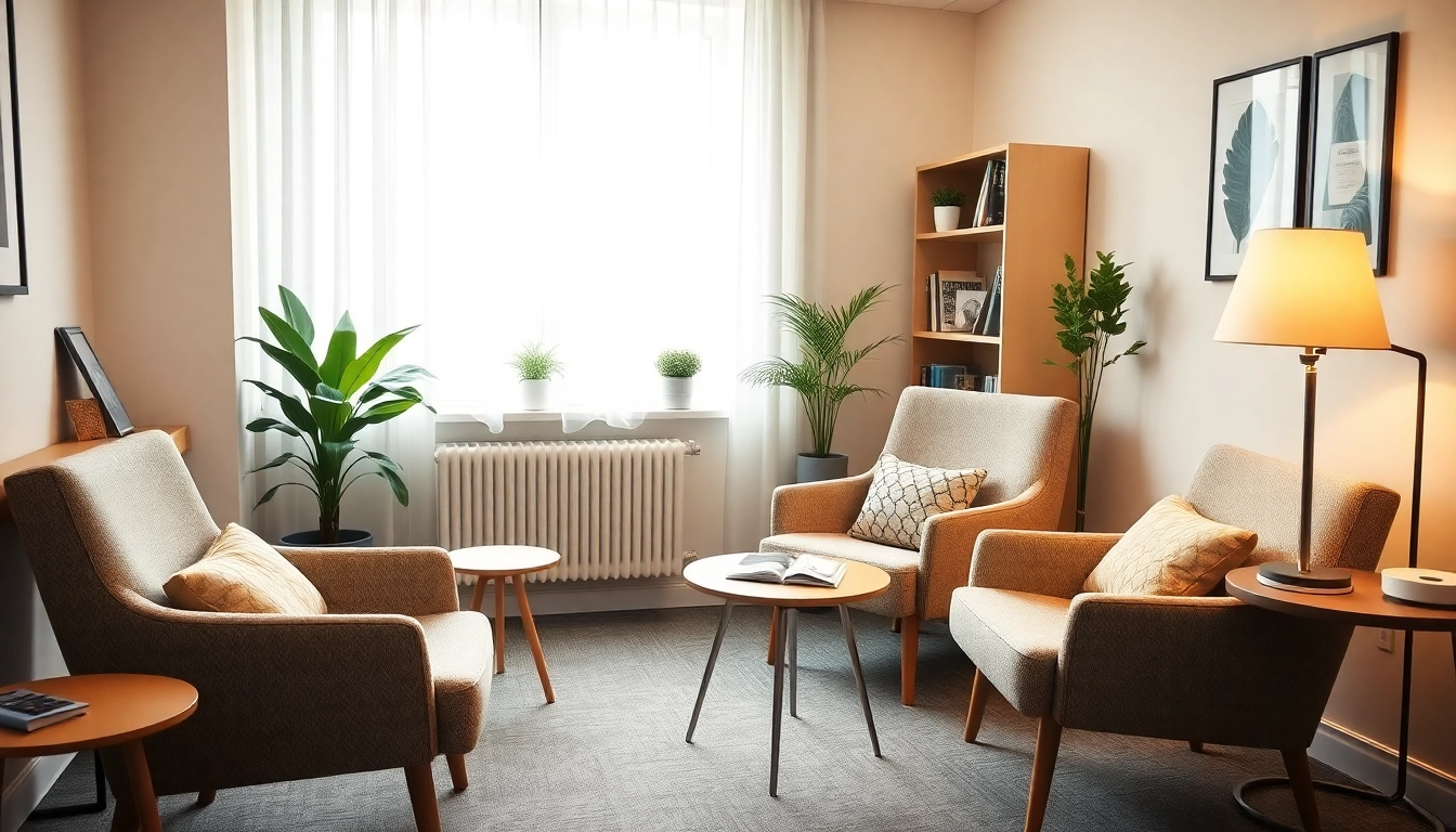 Illustration of a welcoming office for pflegeberatung köln consulting, featuring cozy furniture and informational resources.