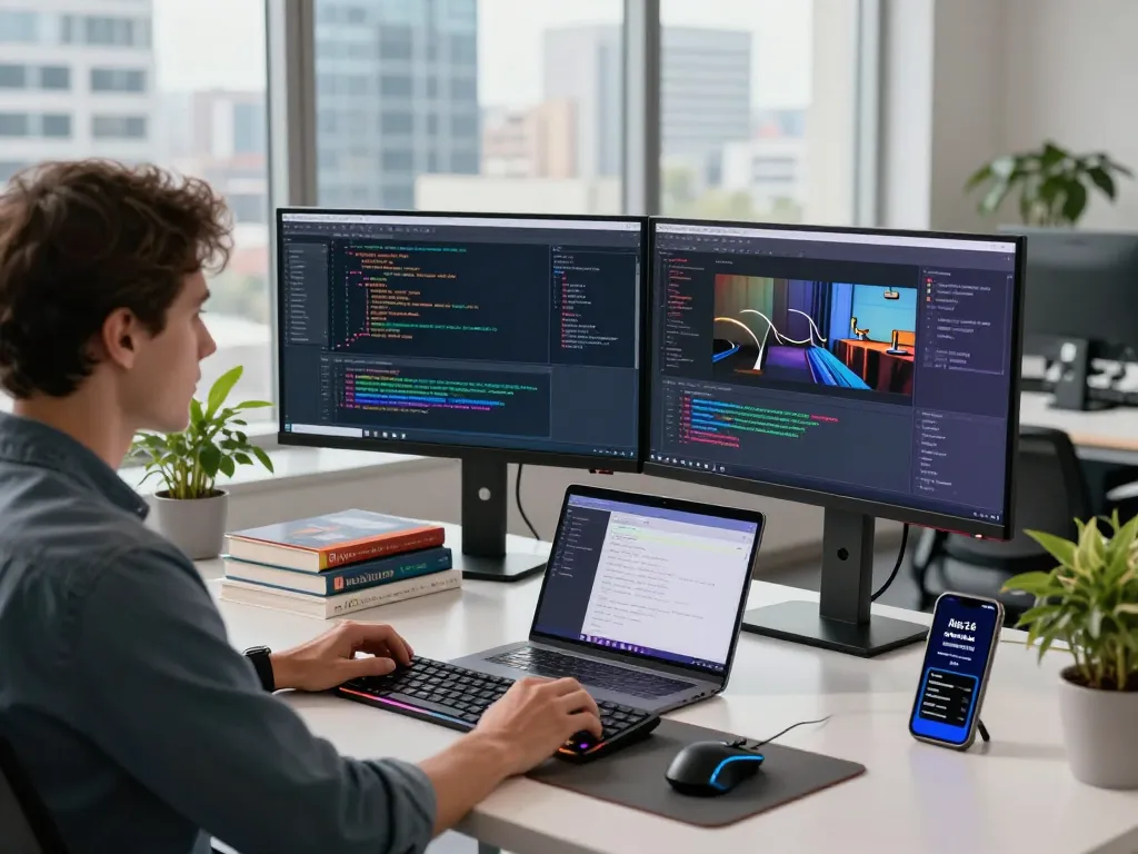 Developer utilizing motion control AI in a vibrant tech workspace with dual monitors and innovative programming tools.