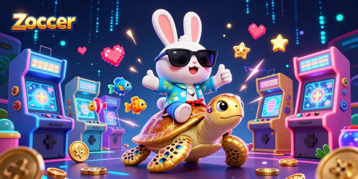 Experience zoccer excitement with the lucky rabbit and golden turtle in this vibrant casino-themed illustration.