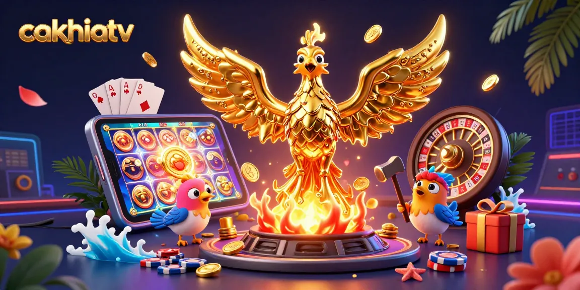 Cakhiatv delivers exciting sports betting action with a striking phoenix and smartphone gaming elements.