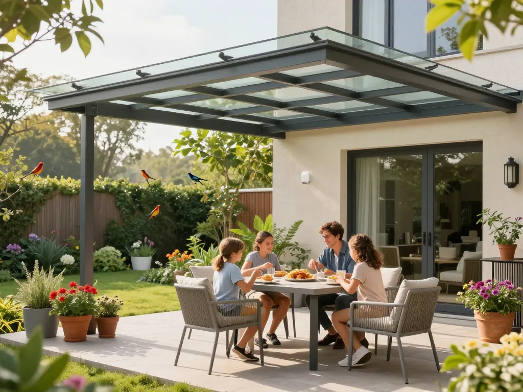 Elegante Terrasse mit moderner Terrassenüberdachung, Familie genießt Frühstück im Freien im lebendigen Morgenlicht.