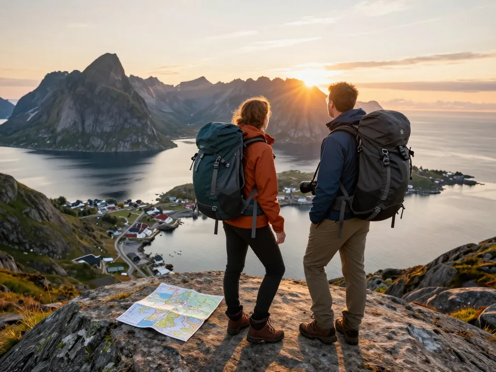 Reisende genießen den atemberaubenden Blick auf die Lofoteninseln, Skandinavien Reisetipps für Abenteuer und Erkundungen im Jahr 2026.
