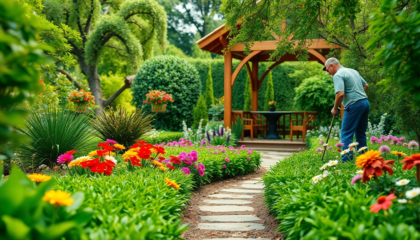 Professionelle Garten und Landschaftsbau Gestaltung mit einem Gärtner im floralen Garten.