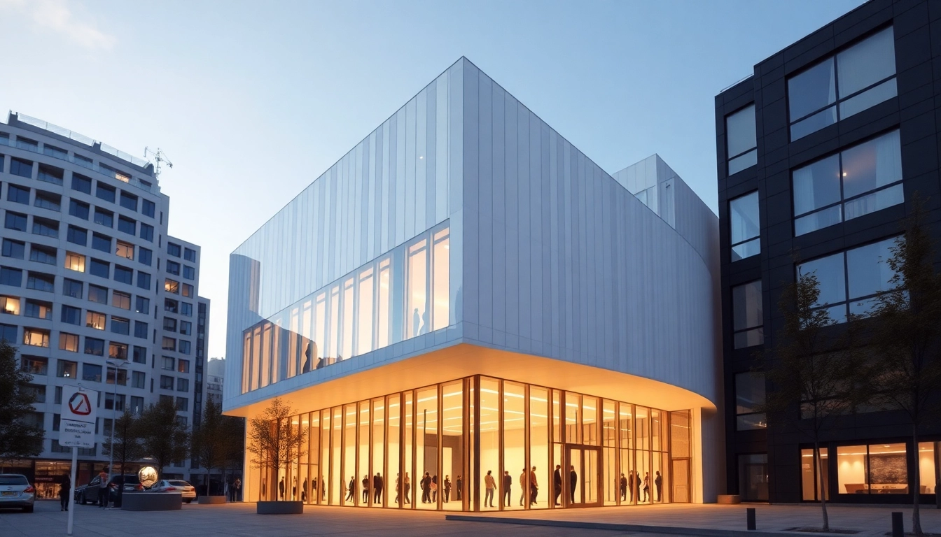 3D Visualisierung einer modernen Architektur mit hellen Farben und urbanem Hintergrund.