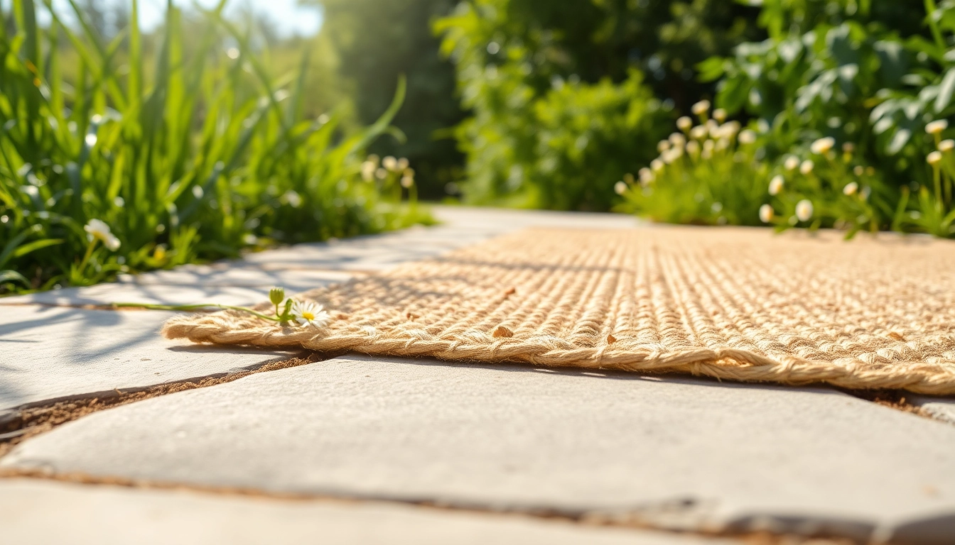 Hanfmatte auf einem sonnigen Weg, umgeben von grüner Natur und bunten Blumen.