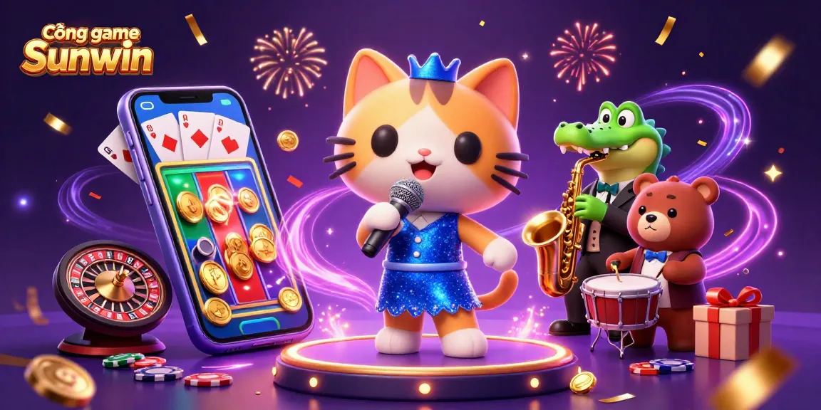 Cổng game Sunwin showcases a vibrant casino scene with a singing cat, saxophonist crocodile, and drumming bear cub.