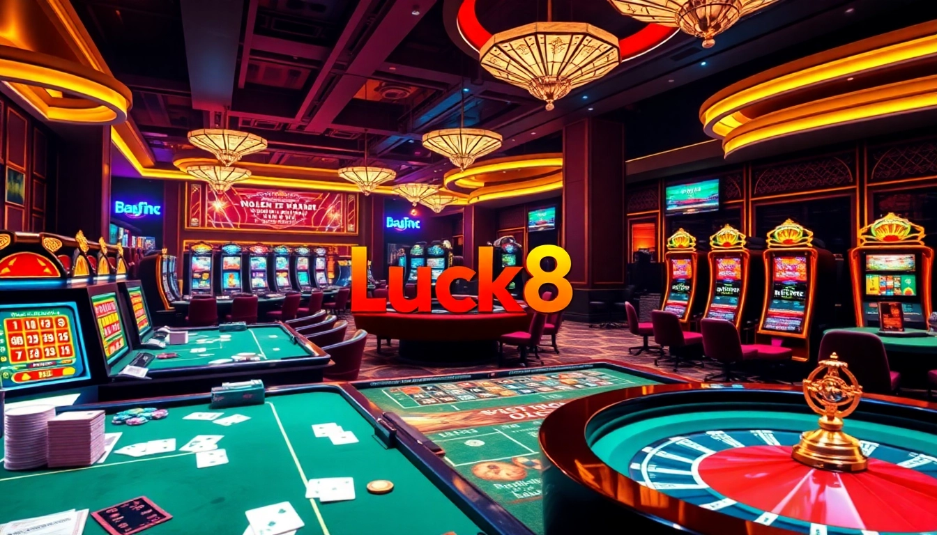 Engage in thrilling games at Nhà cái Luck8, featuring luxurious casino tables and slot machines.