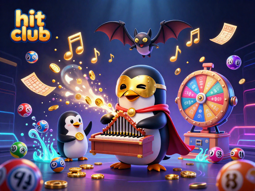 Experience hit club excitement with a vibrant 3D illustration of a penguin playing a pipe organ amid a lively gambling scene.