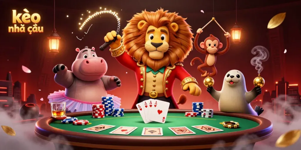 Engage with kèo nhà cái through a dynamic 3D scene of cartoon characters and poker elements, showcasing a circus theme.