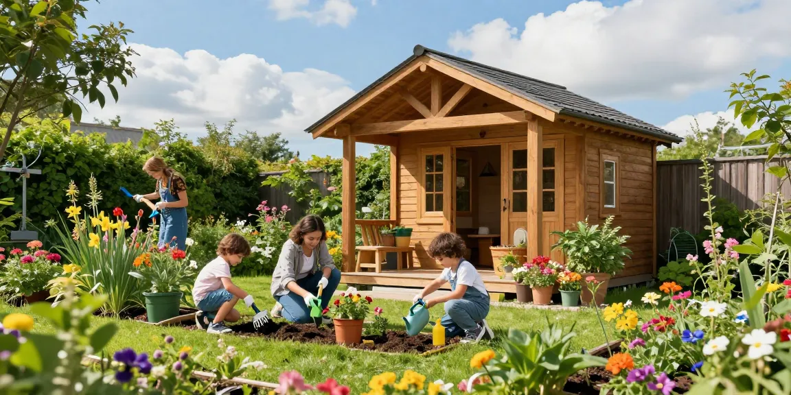 Gartenhäuser aus Holz umgeben von blühenden Pflanzen während eines sonnigen Familientages.